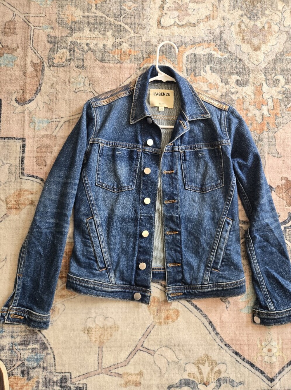 L’AGENCE Celine Denim Foil Jacket Rose Gold Metallic Back XS